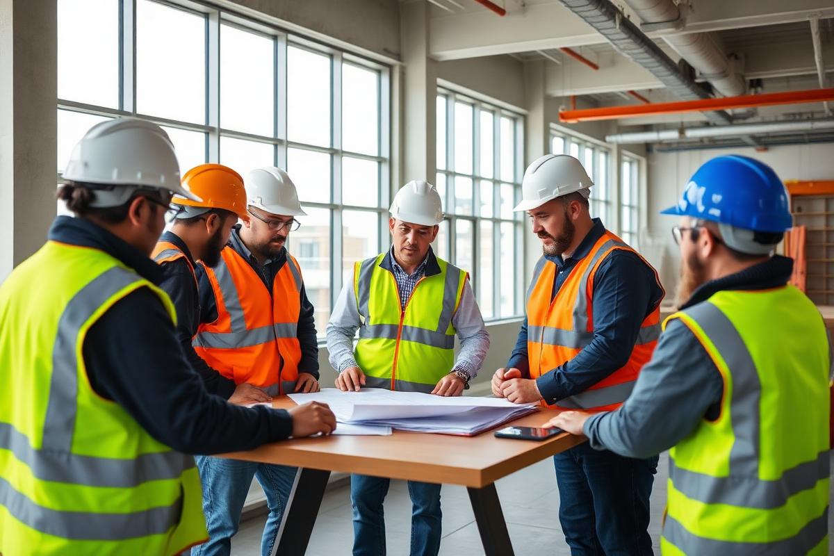 Construction professionals in a site meeting reviewing drawings