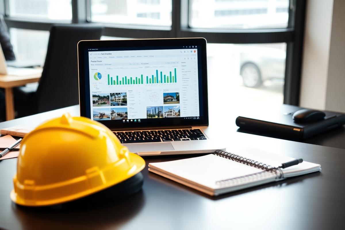 Laptop showing a construction progress report beside a hard hat